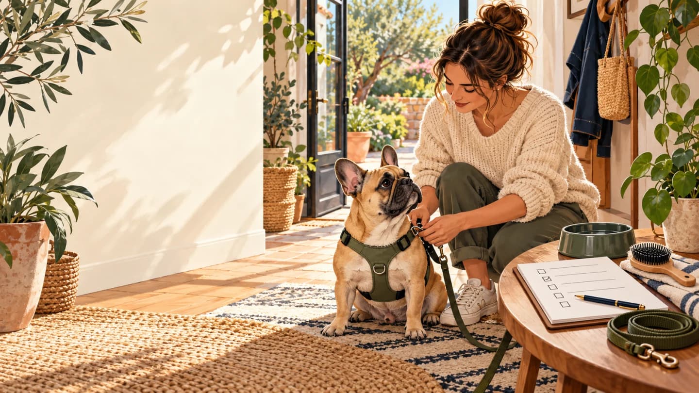 Illustration of a French Bulldog getting ready for a walk while its owner checks a care checklist.