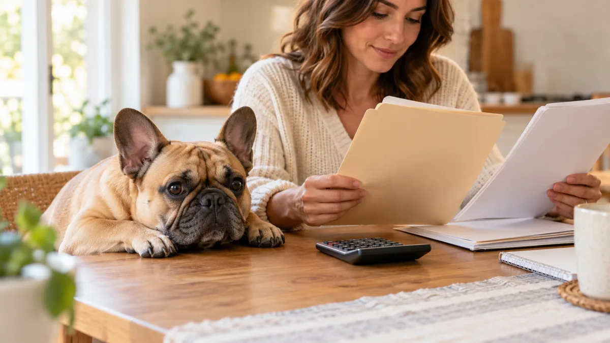 Fawn French Bulldog resting beside an owner comparing paper folders and a calculator at home.