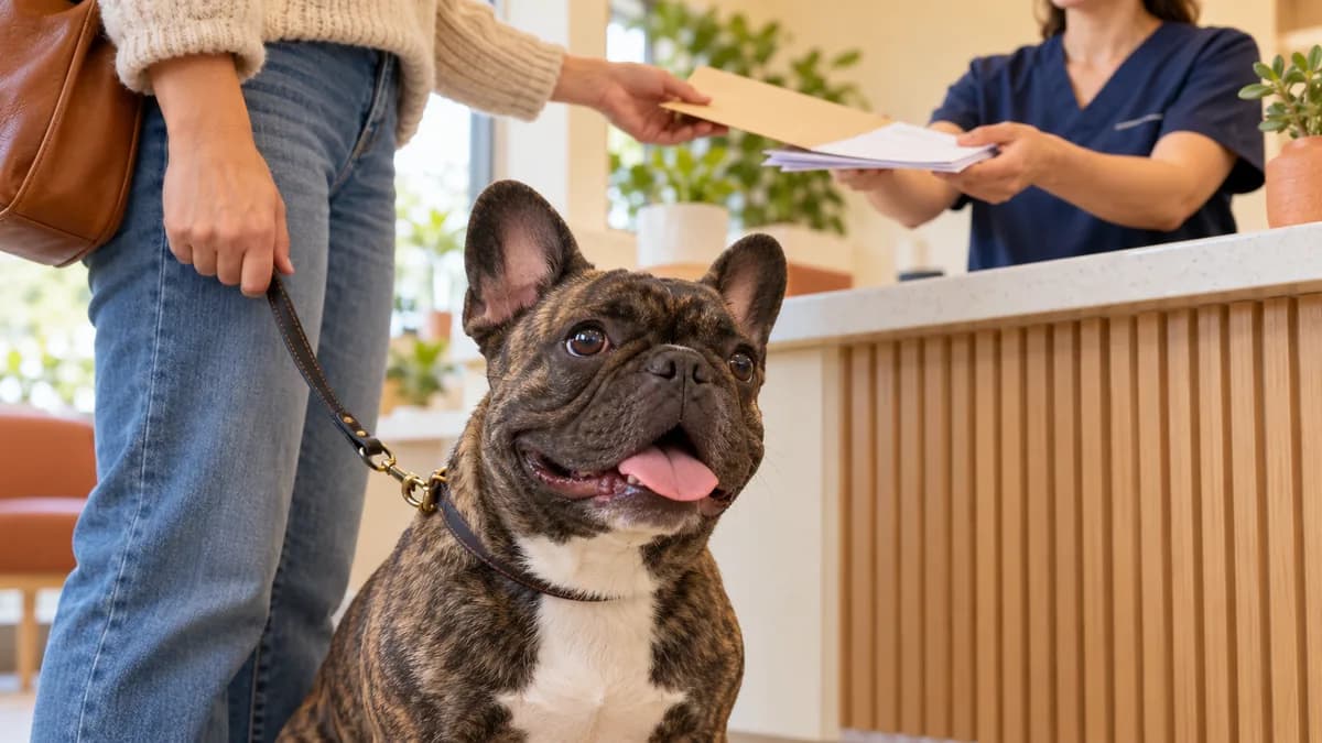 Brindle French Bulldog beside its owner as a veterinary receptionist hands over papers and an envelope.